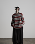 DOINDULGE Striped Fuzzy Knit Sweater Oversized Pullover Red Grey