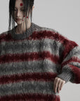 DOINDULGE Striped Fuzzy Knit Sweater Oversized Pullover Red Grey