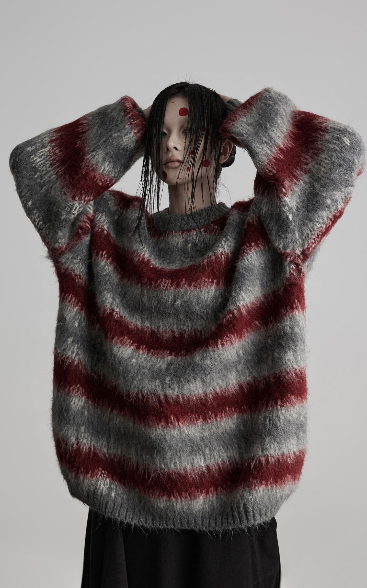 DOINDULGE Striped Fuzzy Knit Sweater Oversized Pullover Red Grey