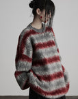 DOINDULGE Striped Fuzzy Knit Sweater Oversized Pullover Red Grey