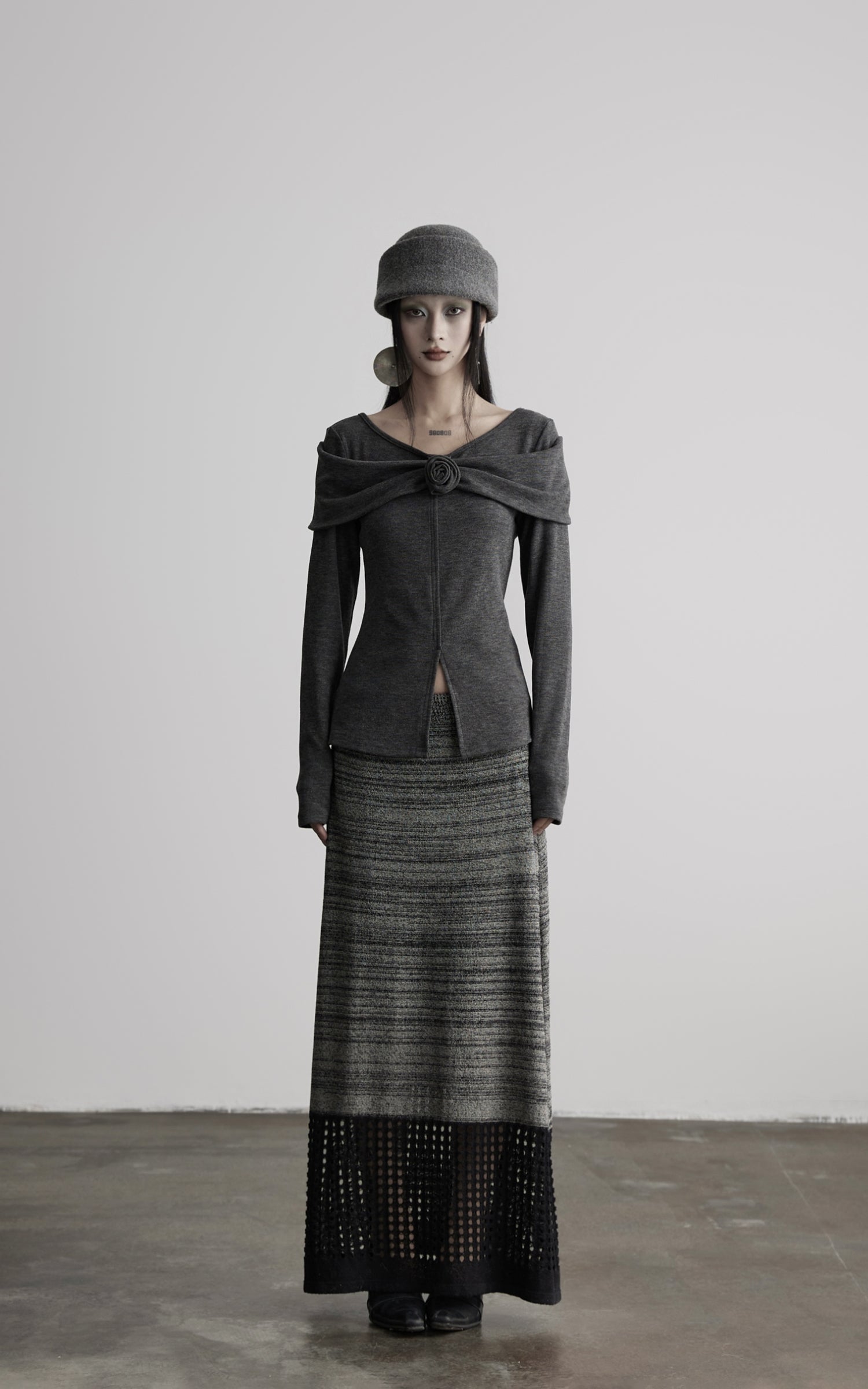 DOINDULGE Draped Knit Top with Rose Detail