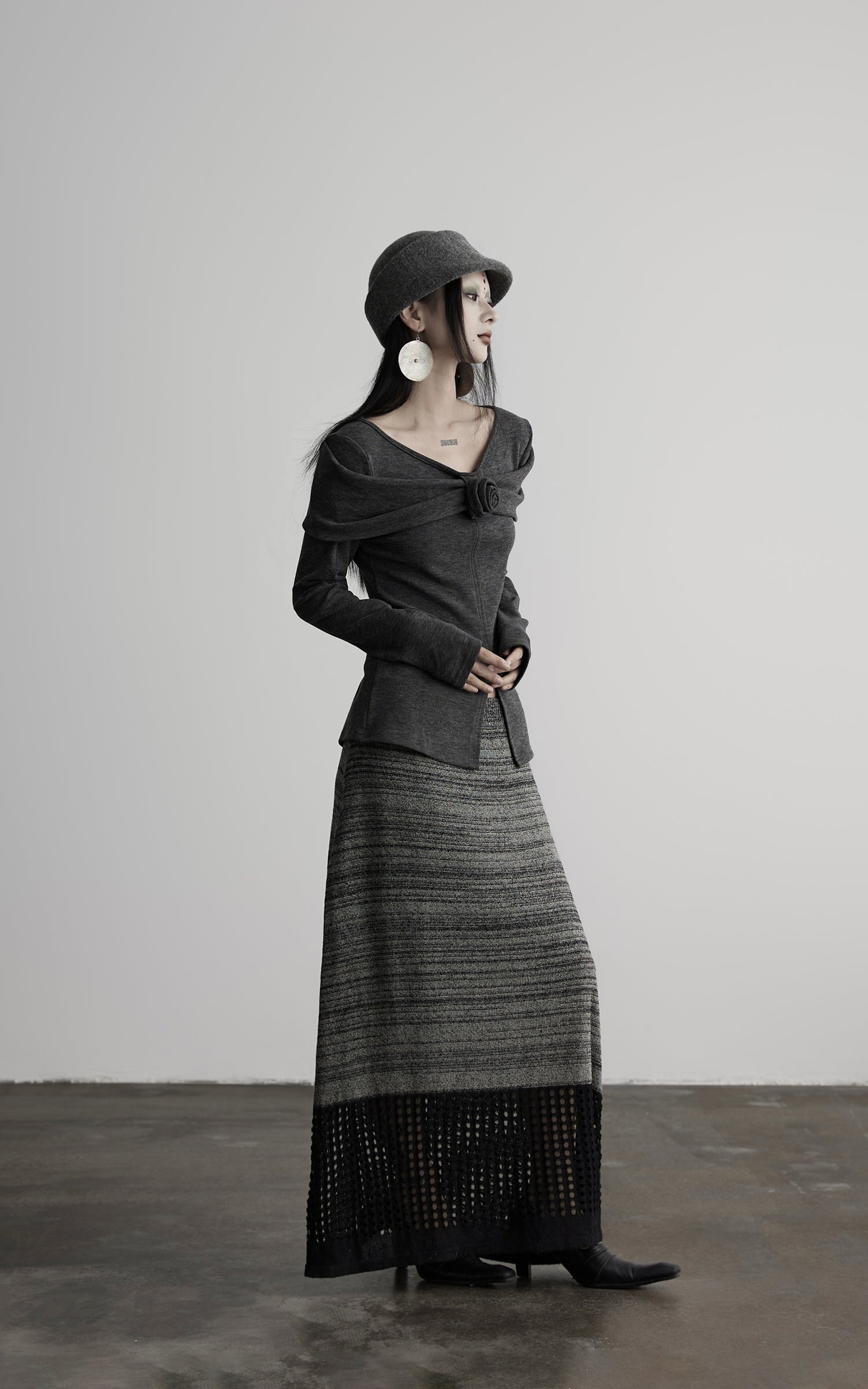 DOINDULGE Draped Knit Top with Rose Detail