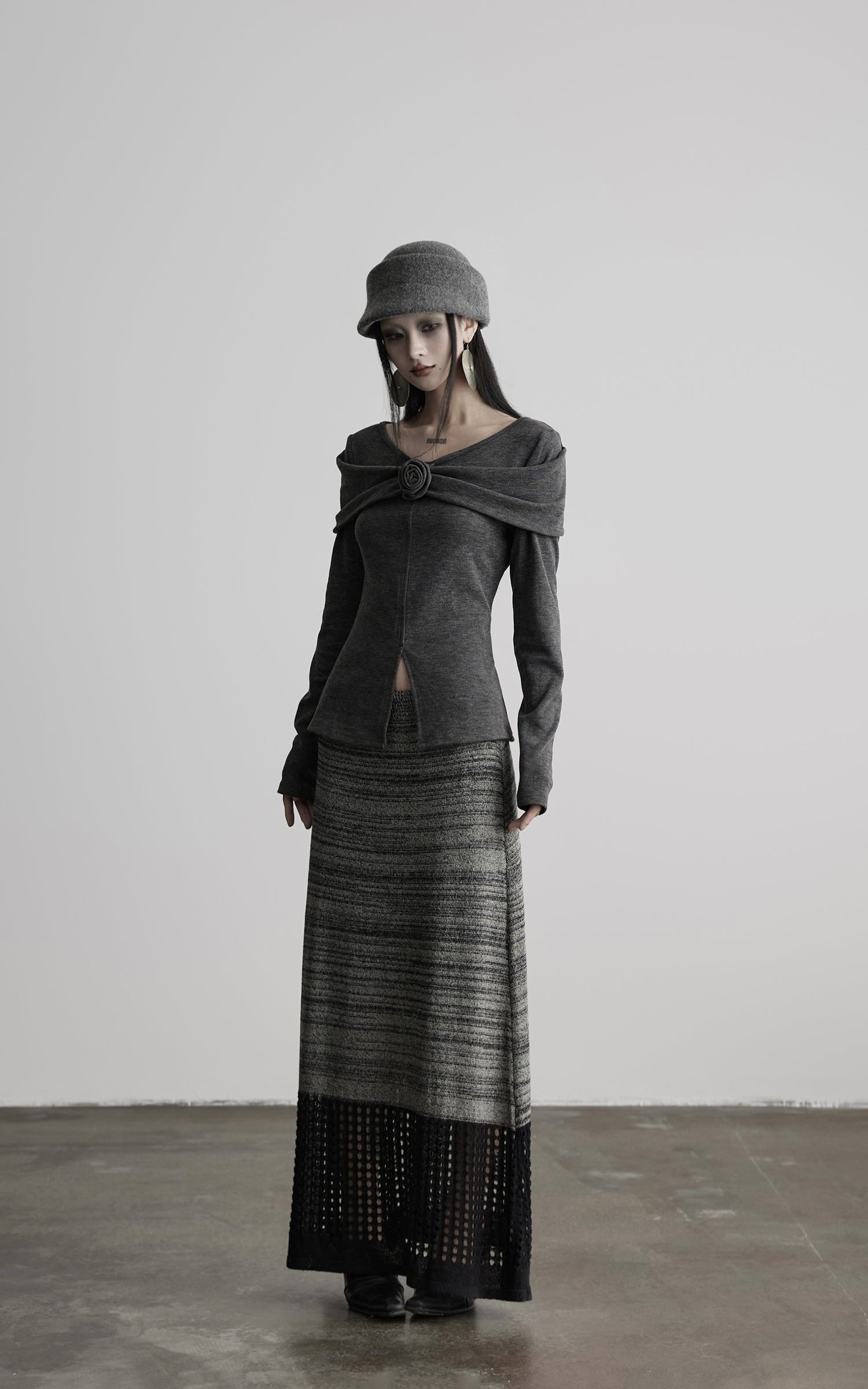 DOINDULGE Draped Knit Top with Rose Detail