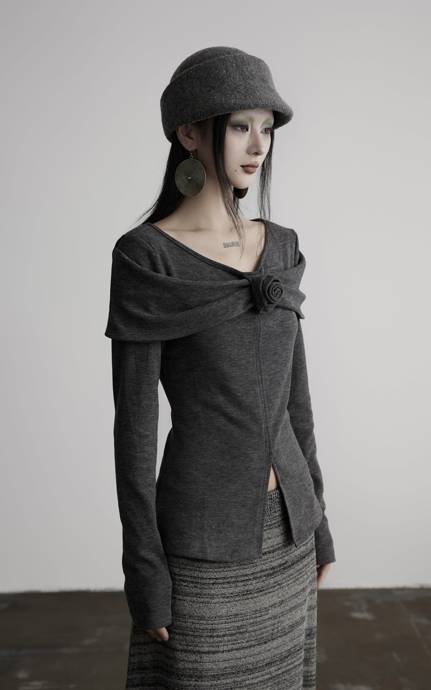 DOINDULGE Draped Knit Top with Rose Detail