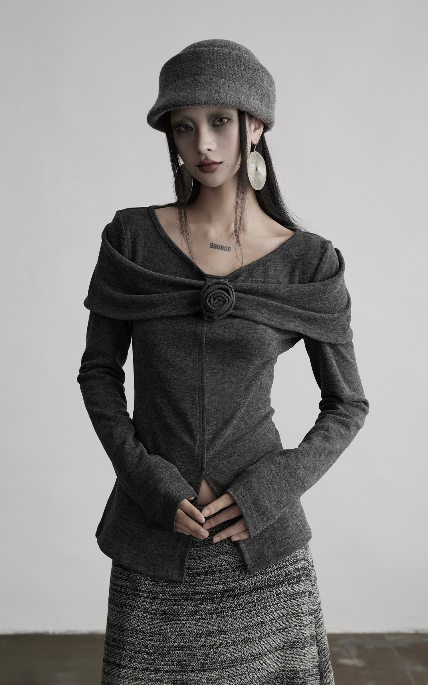 DOINDULGE Draped Knit Top with Rose Detail