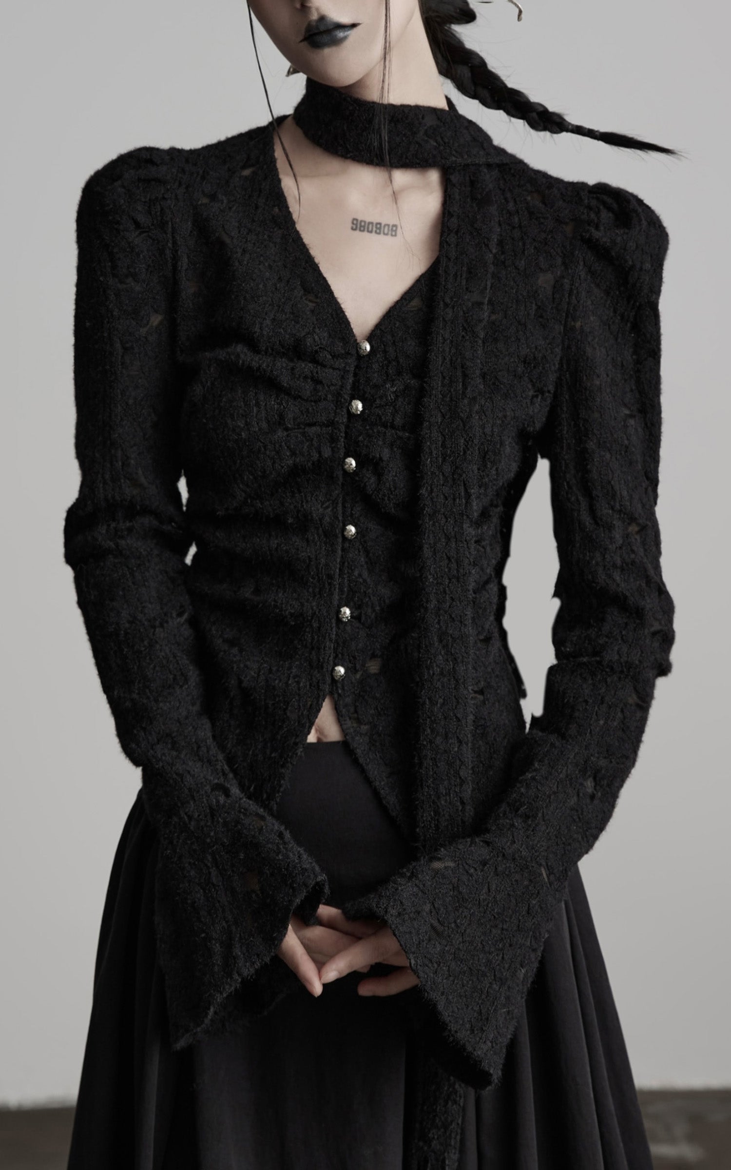 DOINDULGE Textured Knit Sculpted Top with Rosette Buttons
