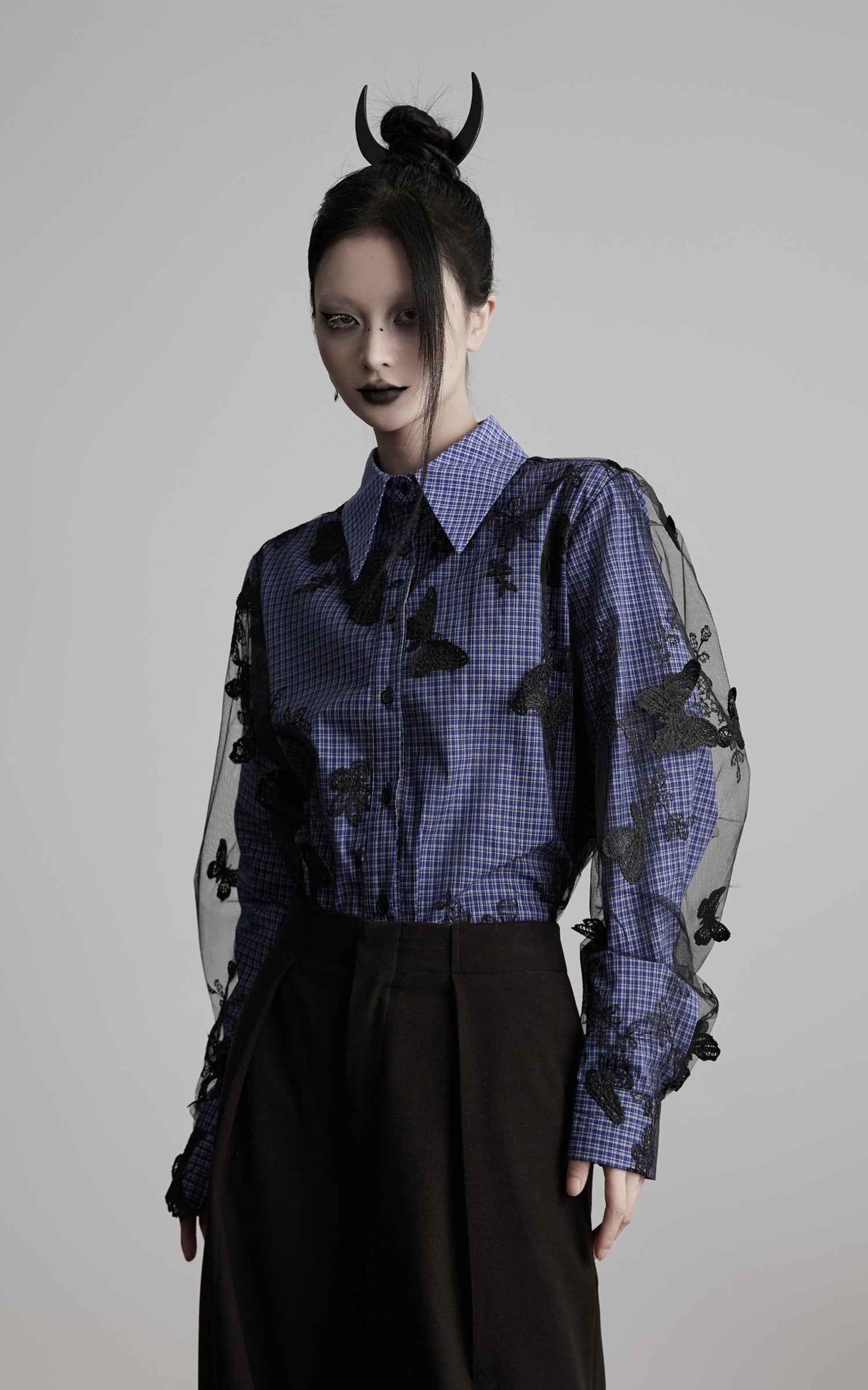 DOINDULGE Sheer Organza Butterfly Overlay Plaid Shirt