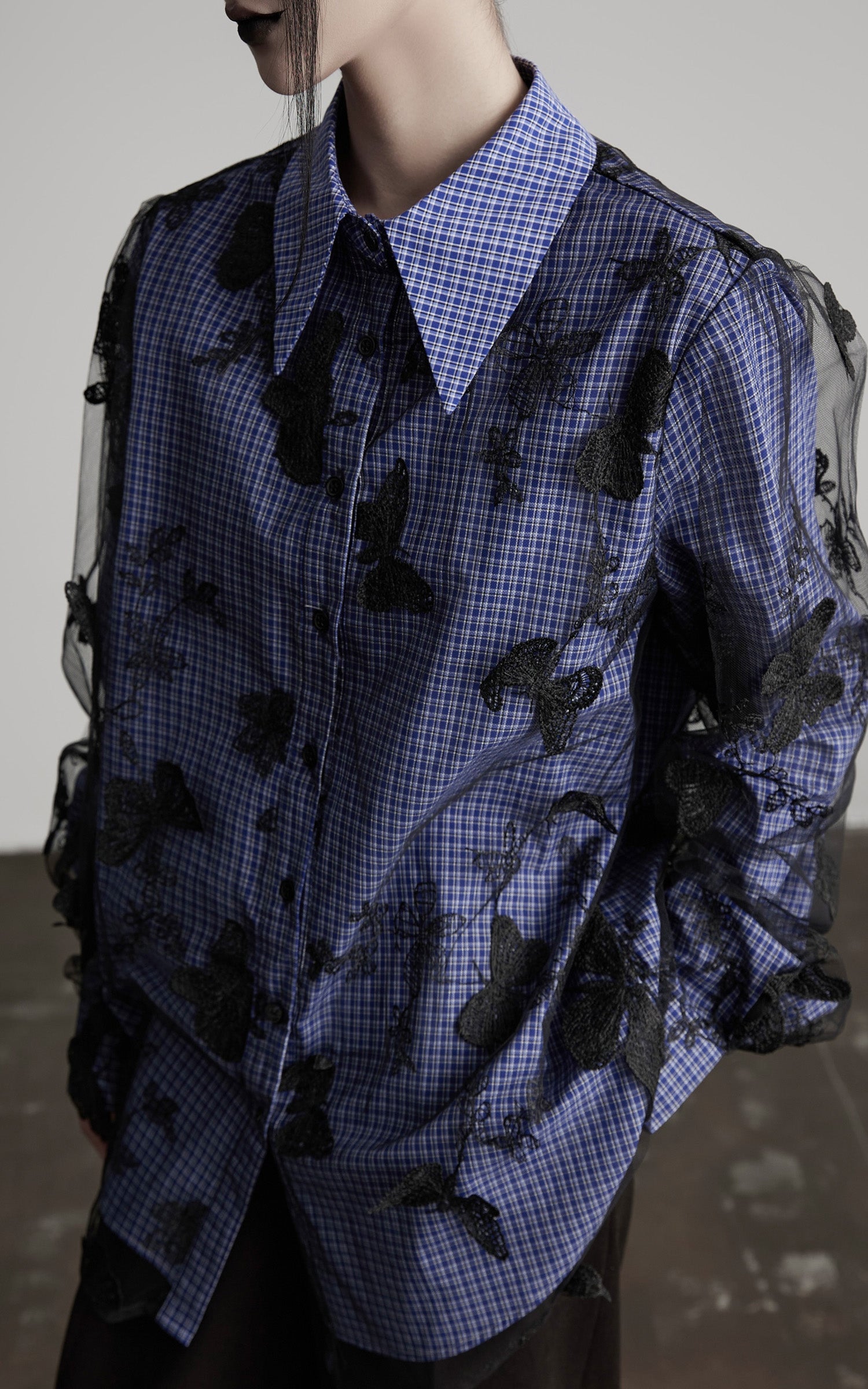DOINDULGE Sheer Organza Butterfly Overlay Plaid Shirt
