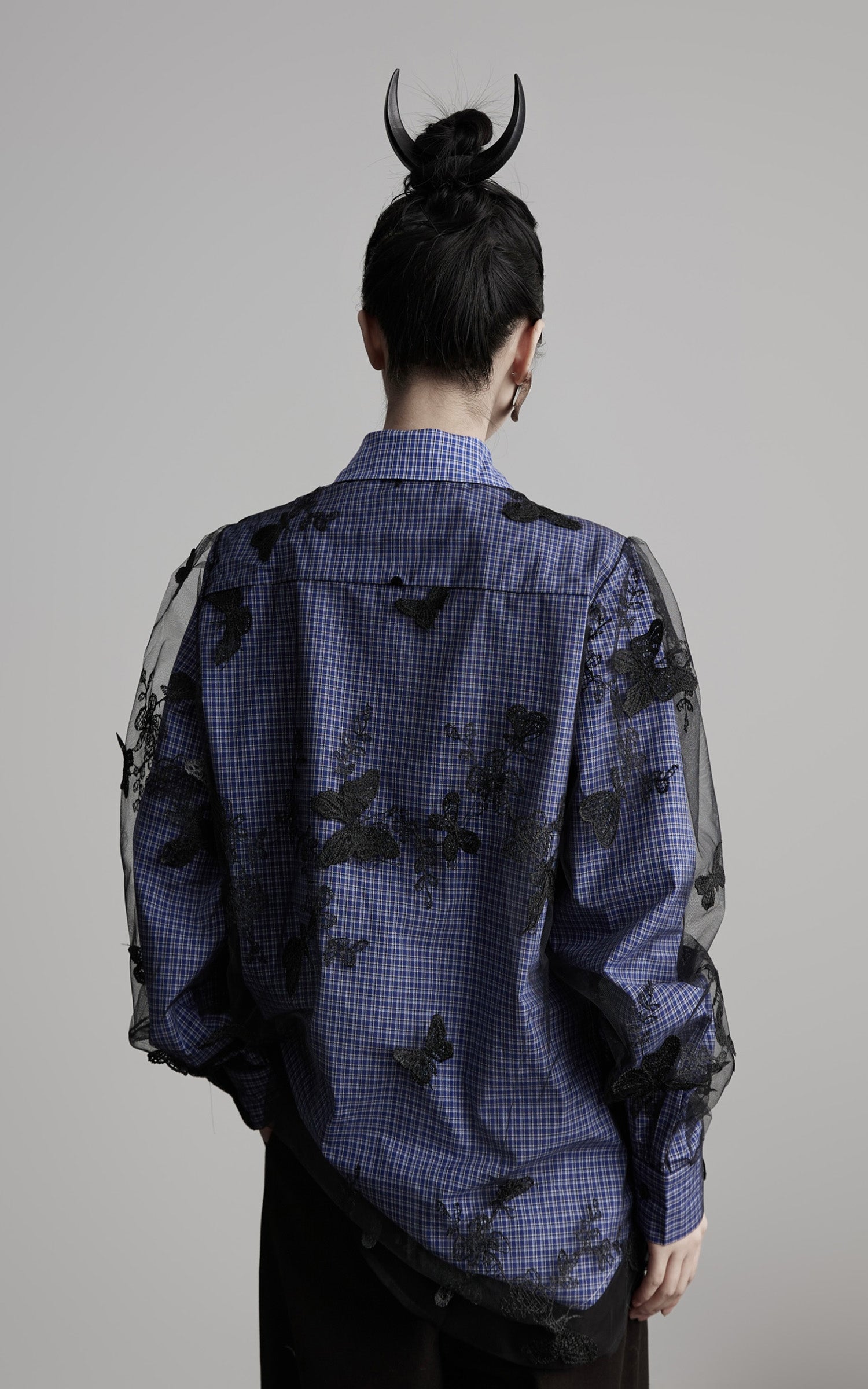 DOINDULGE Sheer Organza Butterfly Overlay Plaid Shirt