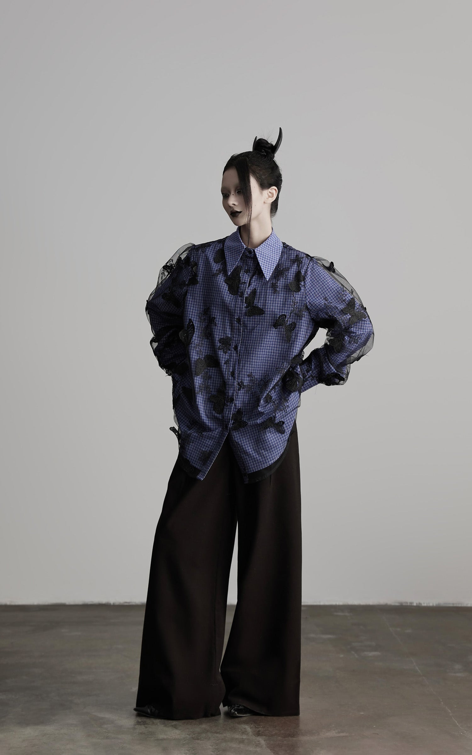 DOINDULGE Sheer Organza Butterfly Overlay Plaid Shirt