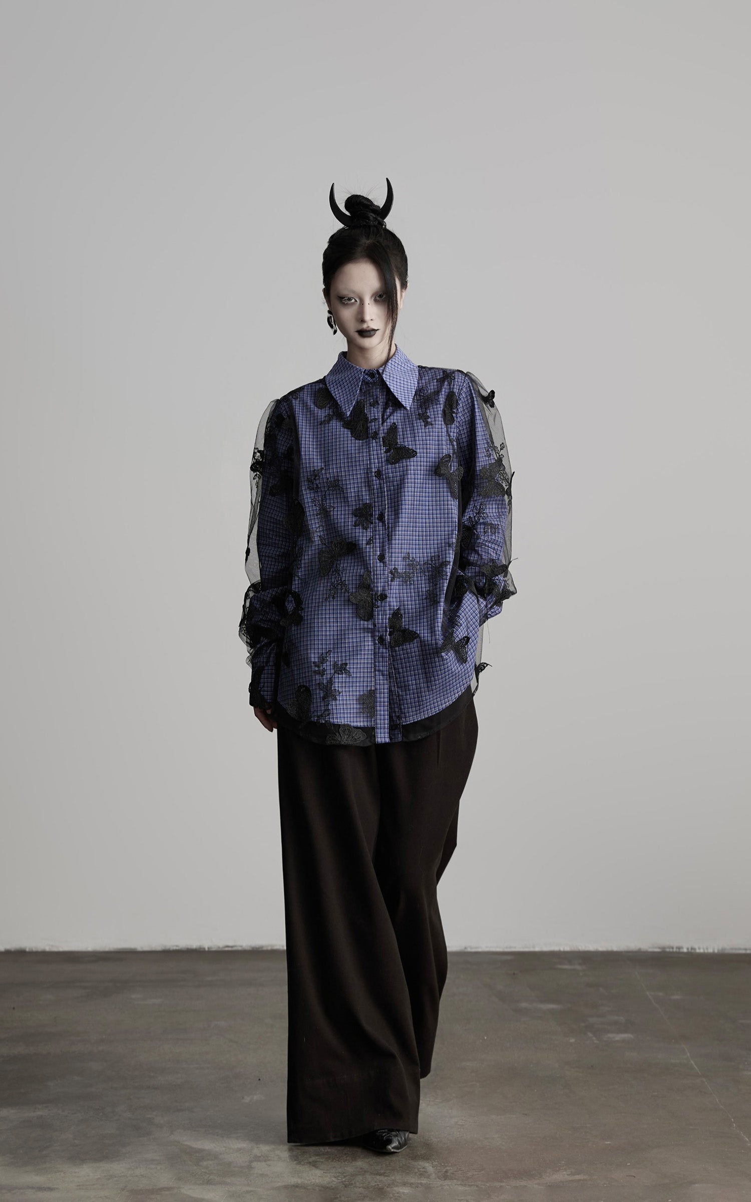 DOINDULGE Sheer Organza Butterfly Overlay Plaid Shirt