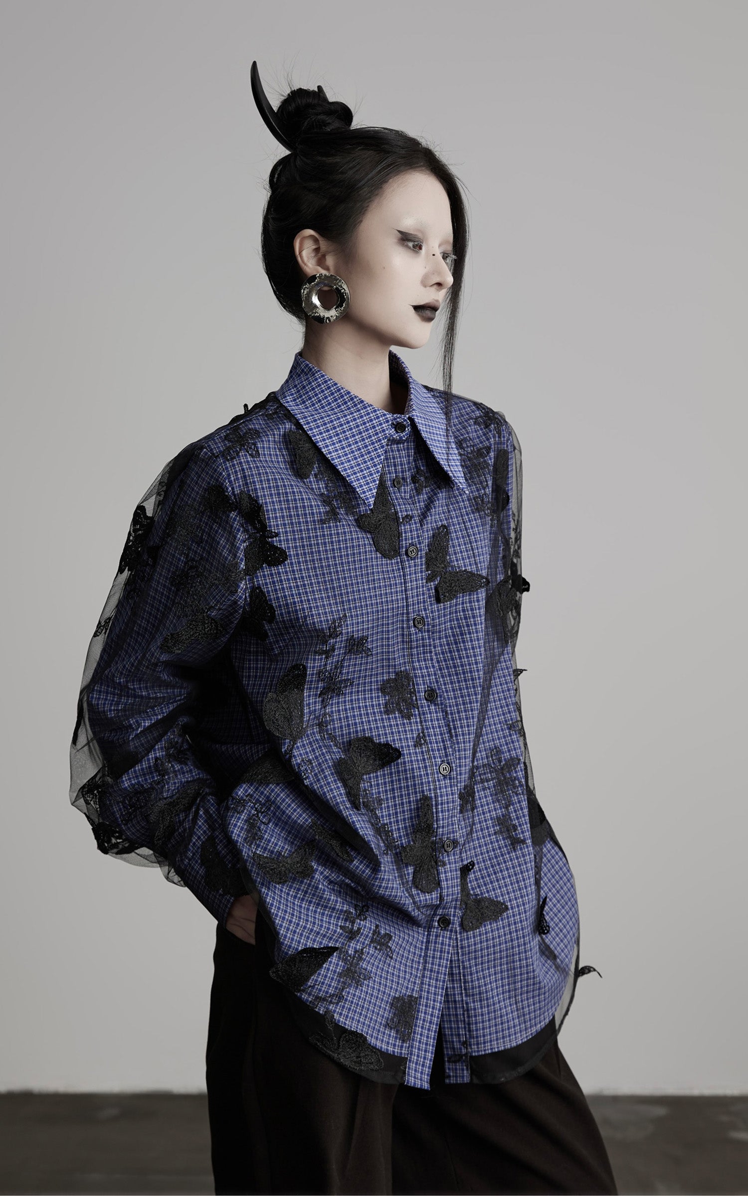DOINDULGE Sheer Organza Butterfly Overlay Plaid Shirt