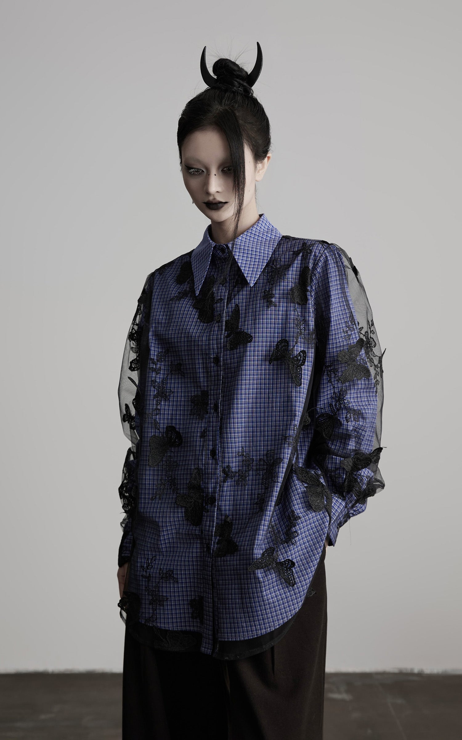 DOINDULGE Sheer Organza Butterfly Overlay Plaid Shirt