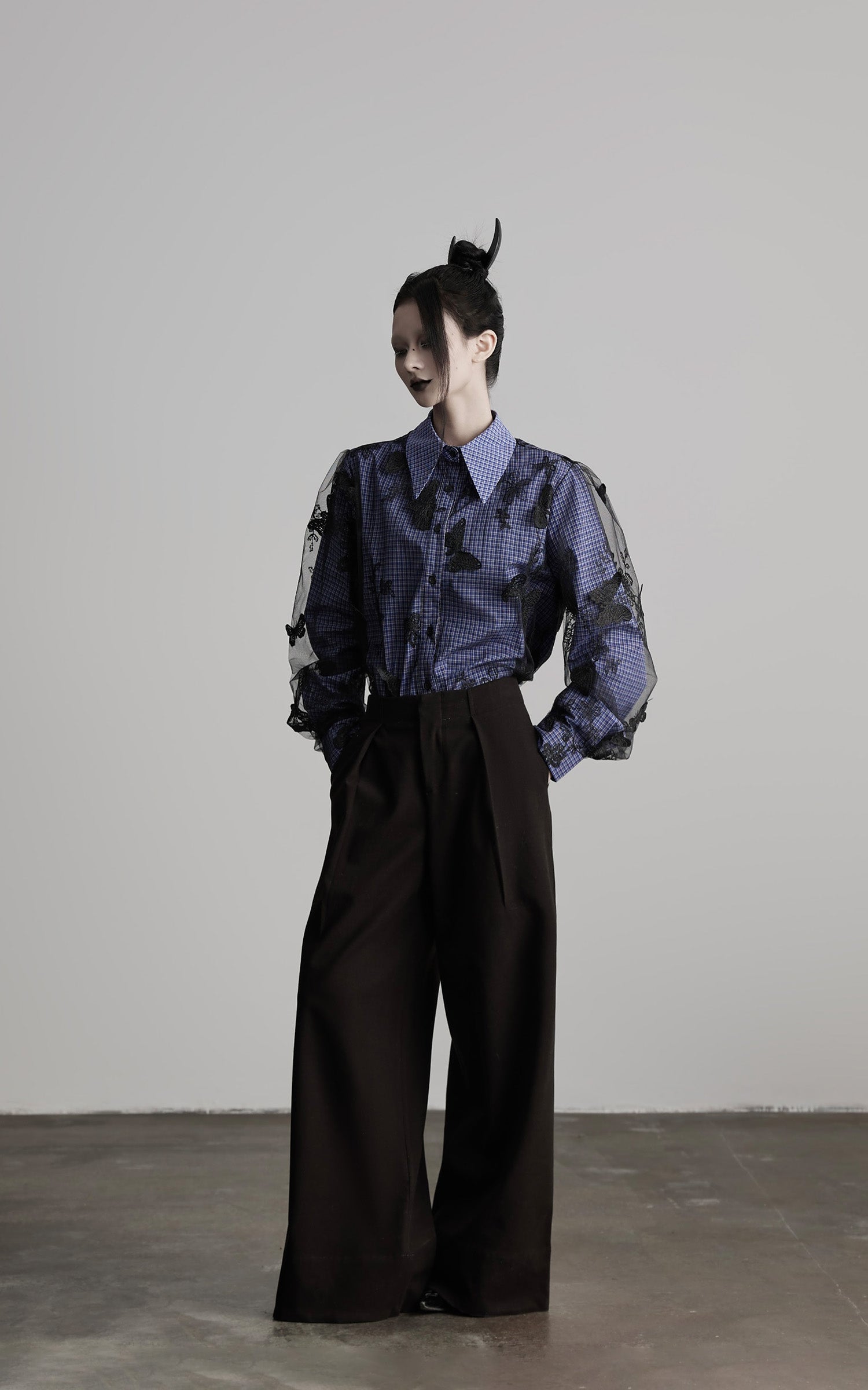 DOINDULGE Sheer Organza Butterfly Overlay Plaid Shirt