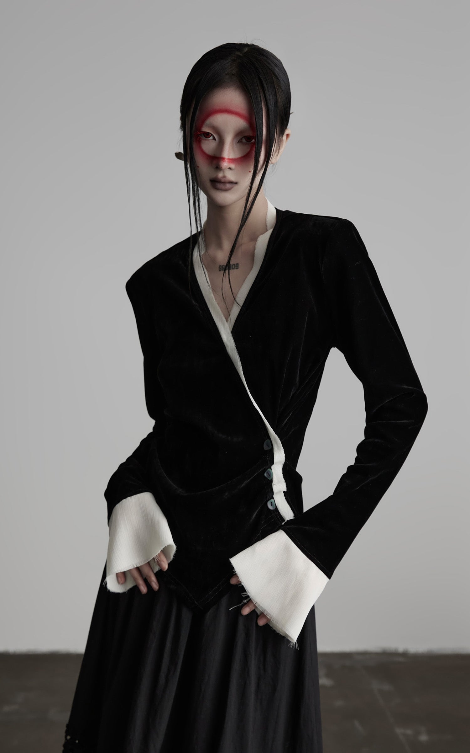 DOINDULGE Split Cuff Wrap Blouse with Contrast Trim