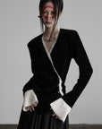 DOINDULGE Split Cuff Wrap Blouse with Contrast Trim