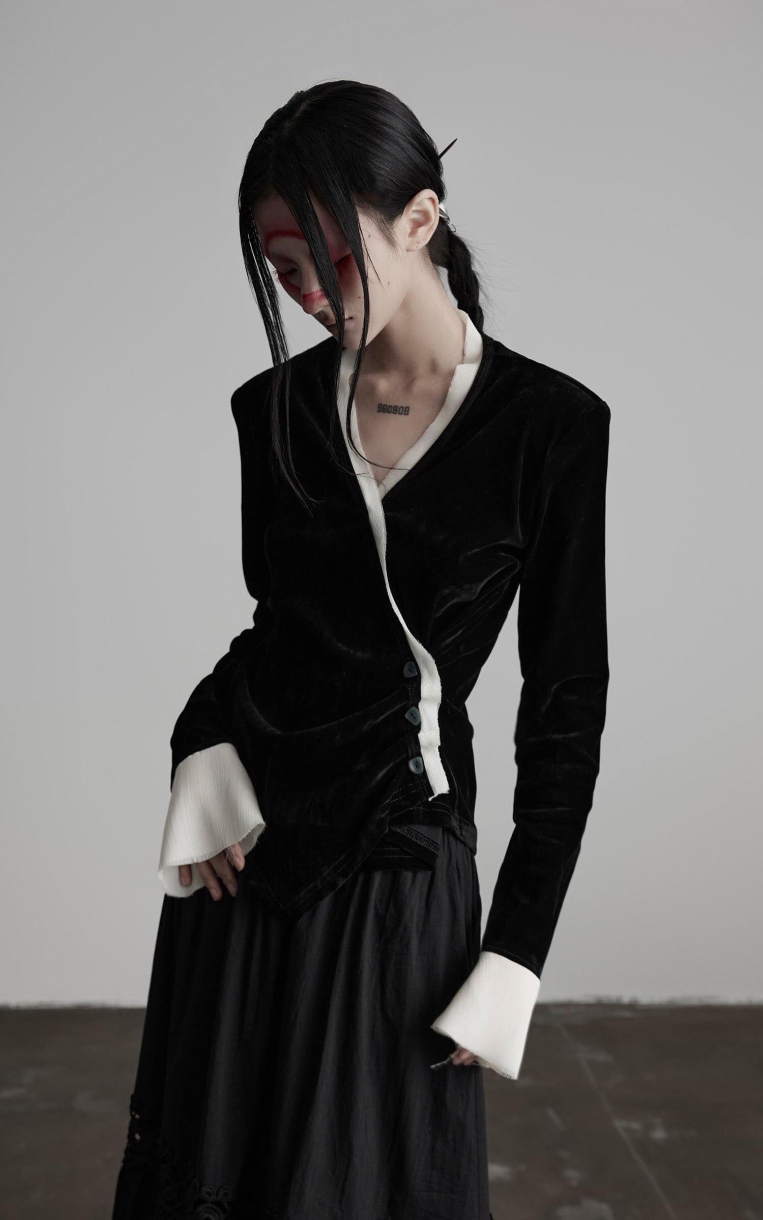 DOINDULGE Split Cuff Wrap Blouse with Contrast Trim
