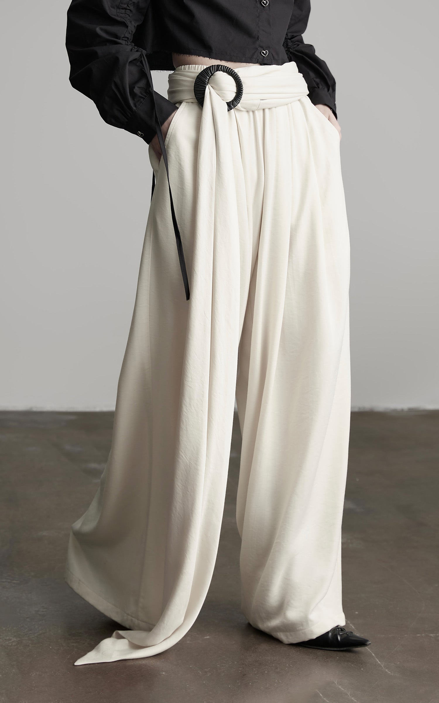 DOINDULGE Wide Leg Trousers with Draped Obi Belt