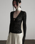 DOINDULGE Ruched Lace Knit Top with Cutout and Thumbhole Sleeves