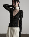DOINDULGE Ruched Lace Knit Top with Cutout and Thumbhole Sleeves