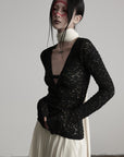 DOINDULGE Ruched Lace Knit Top with Cutout and Thumbhole Sleeves