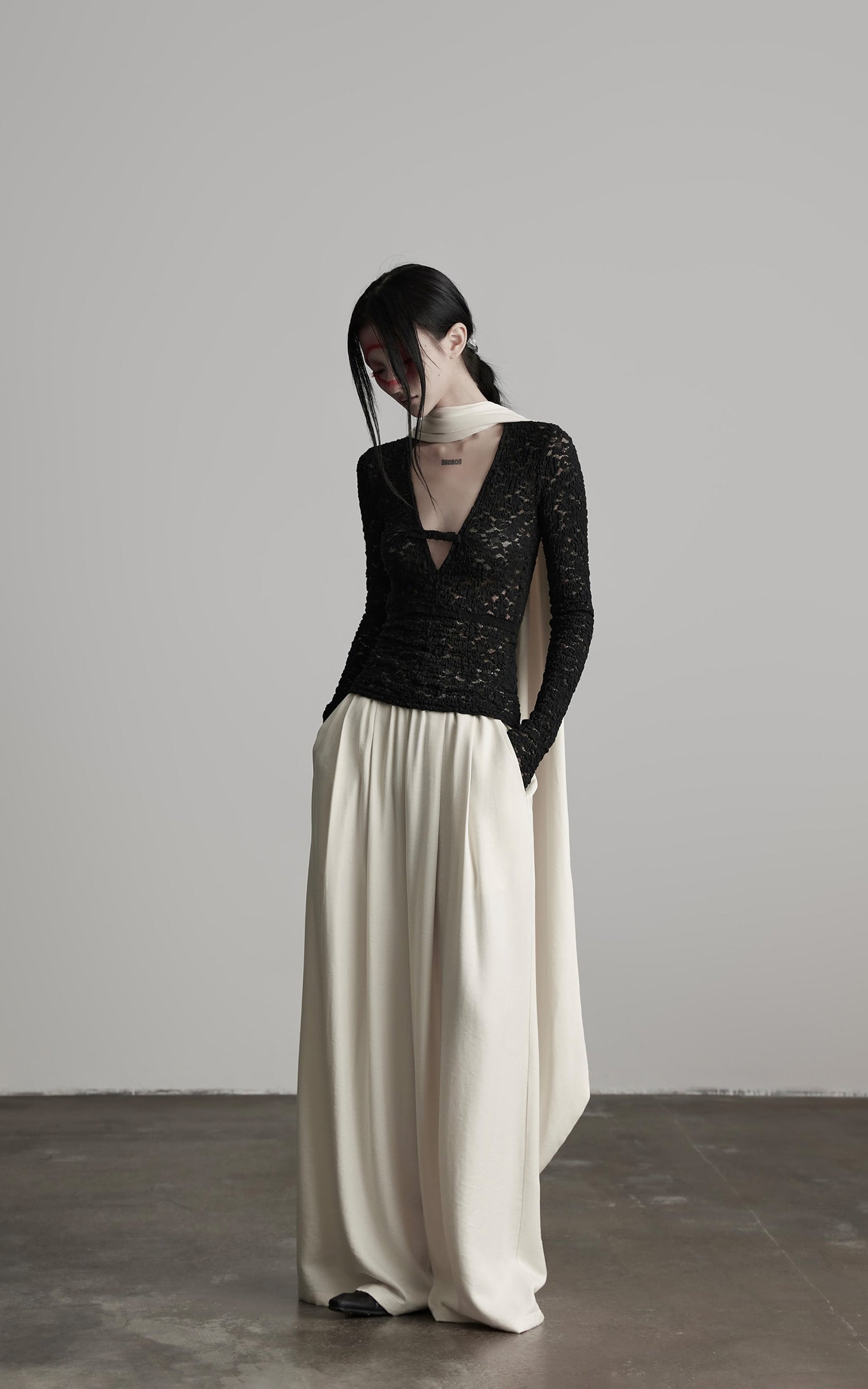DOINDULGE Wide Leg Trousers with Draped Obi Belt