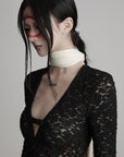DOINDULGE Ruched Lace Knit Top with Cutout and Thumbhole Sleeves