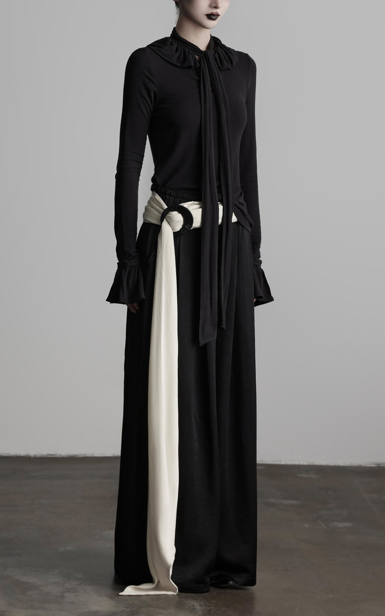 DOINDULGE Wide Leg Trousers with Draped Obi Belt