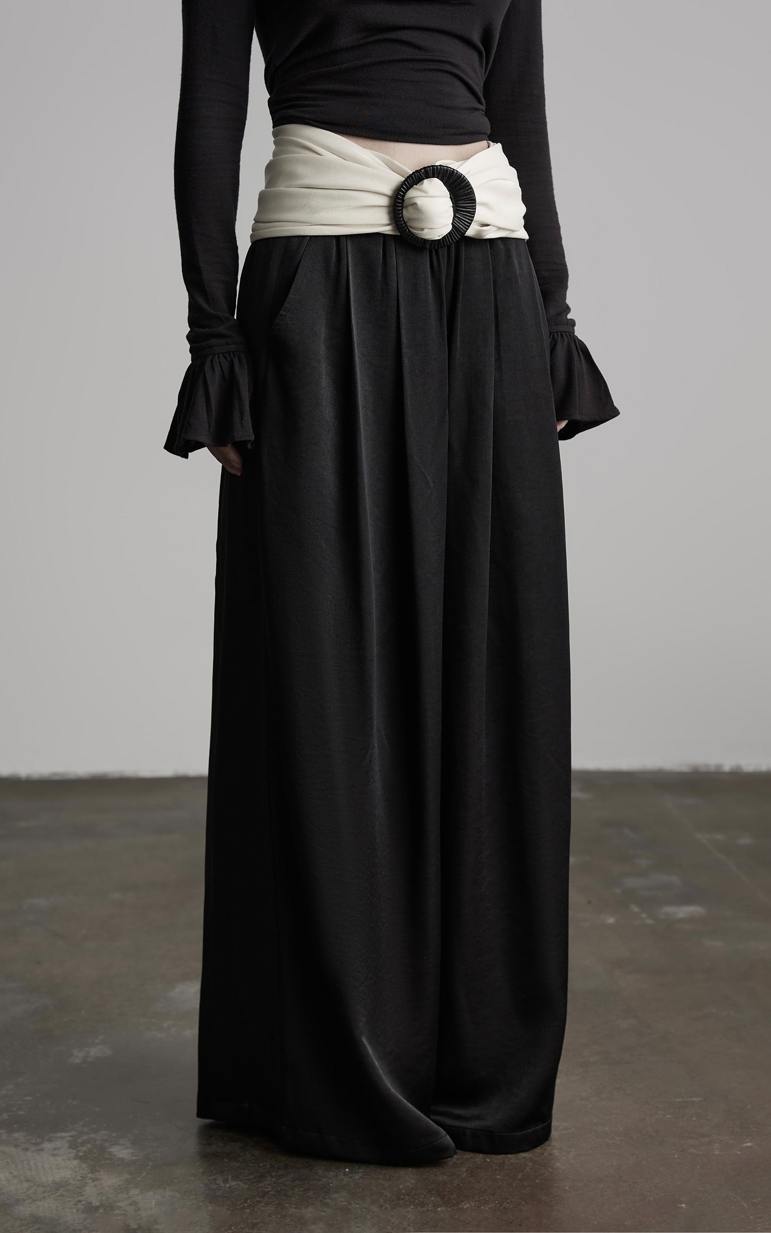 DOINDULGE Wide Leg Trousers with Draped Obi Belt