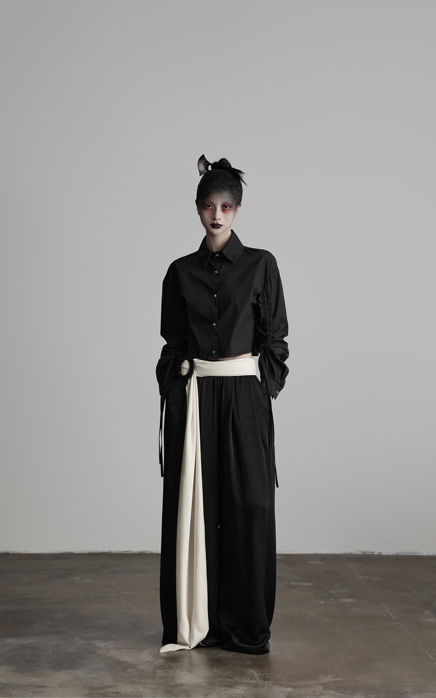 DOINDULGE Wide Leg Trousers with Draped Obi Belt