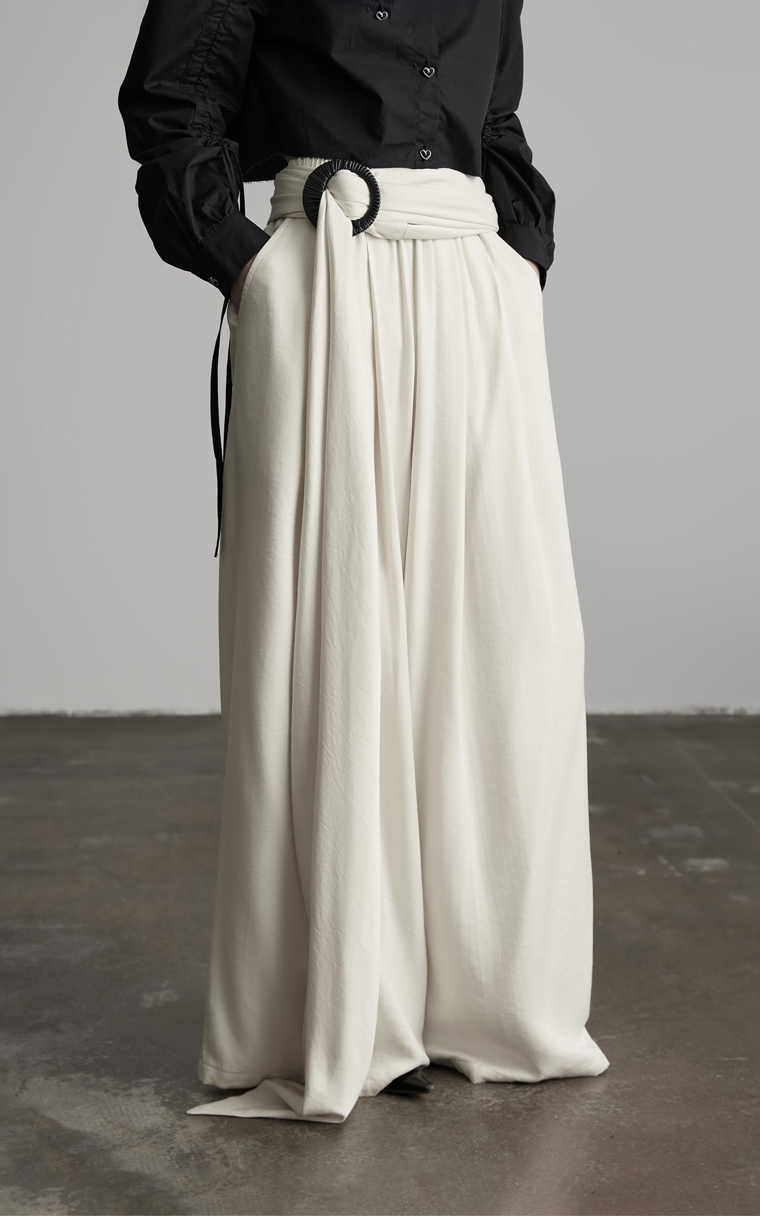 DOINDULGE Wide Leg Trousers with Draped Obi Belt