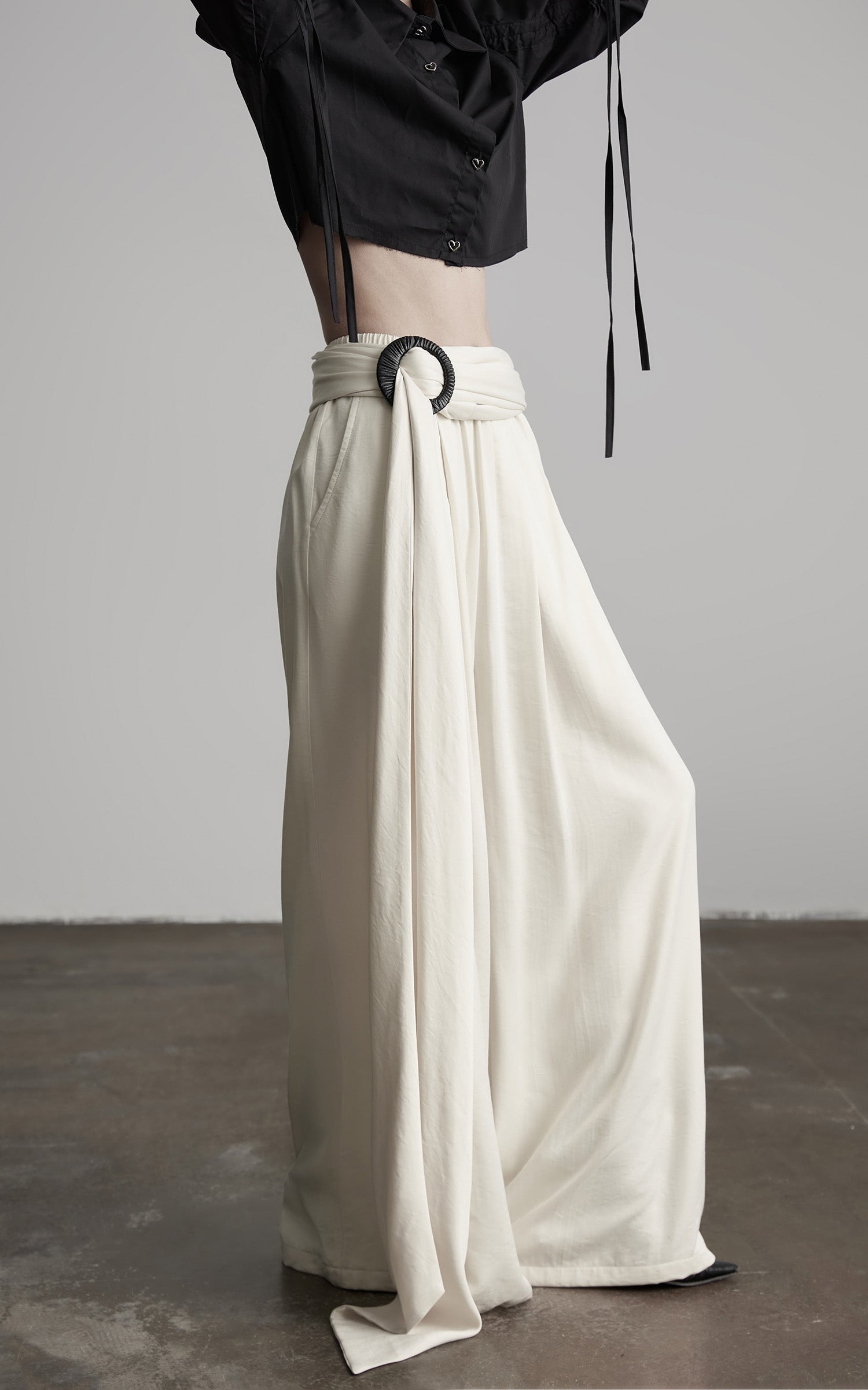 DOINDULGE Wide Leg Trousers with Draped Obi Belt