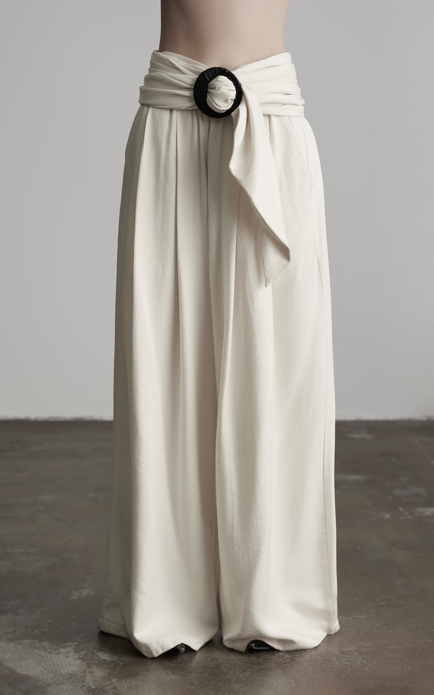 DOINDULGE Wide Leg Trousers with Draped Obi Belt