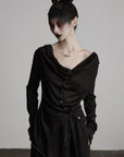 DOINDULGE Asymmetric Drape Long Sleeve Top with Deconstructed Button Design
