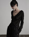 DOINDULGE Asymmetric Drape Long Sleeve Top with Deconstructed Button Design