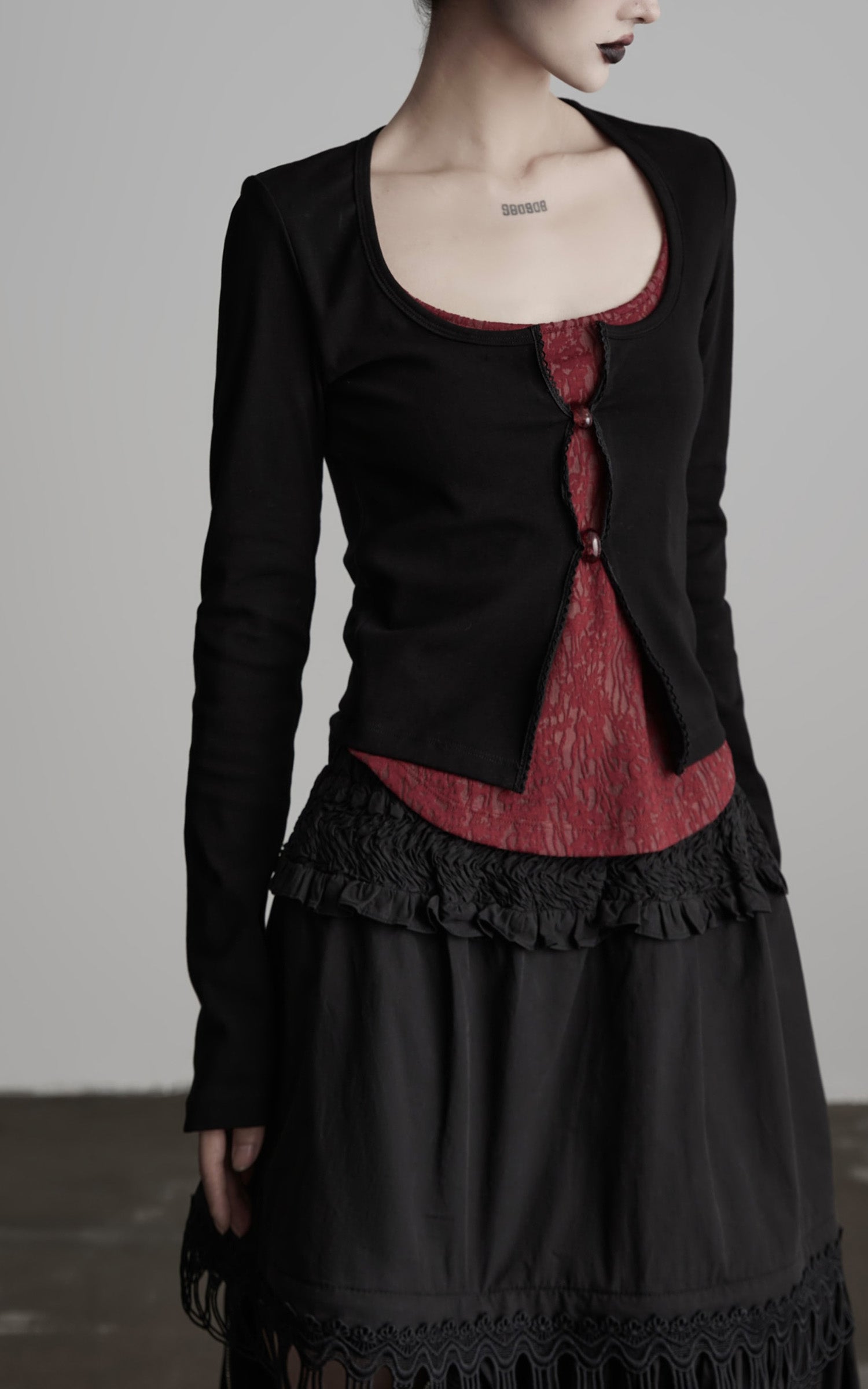 DOINDULGE Cutout Button Knit Top with Lace Inset