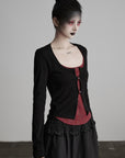 DOINDULGE Cutout Button Knit Top with Lace Inset