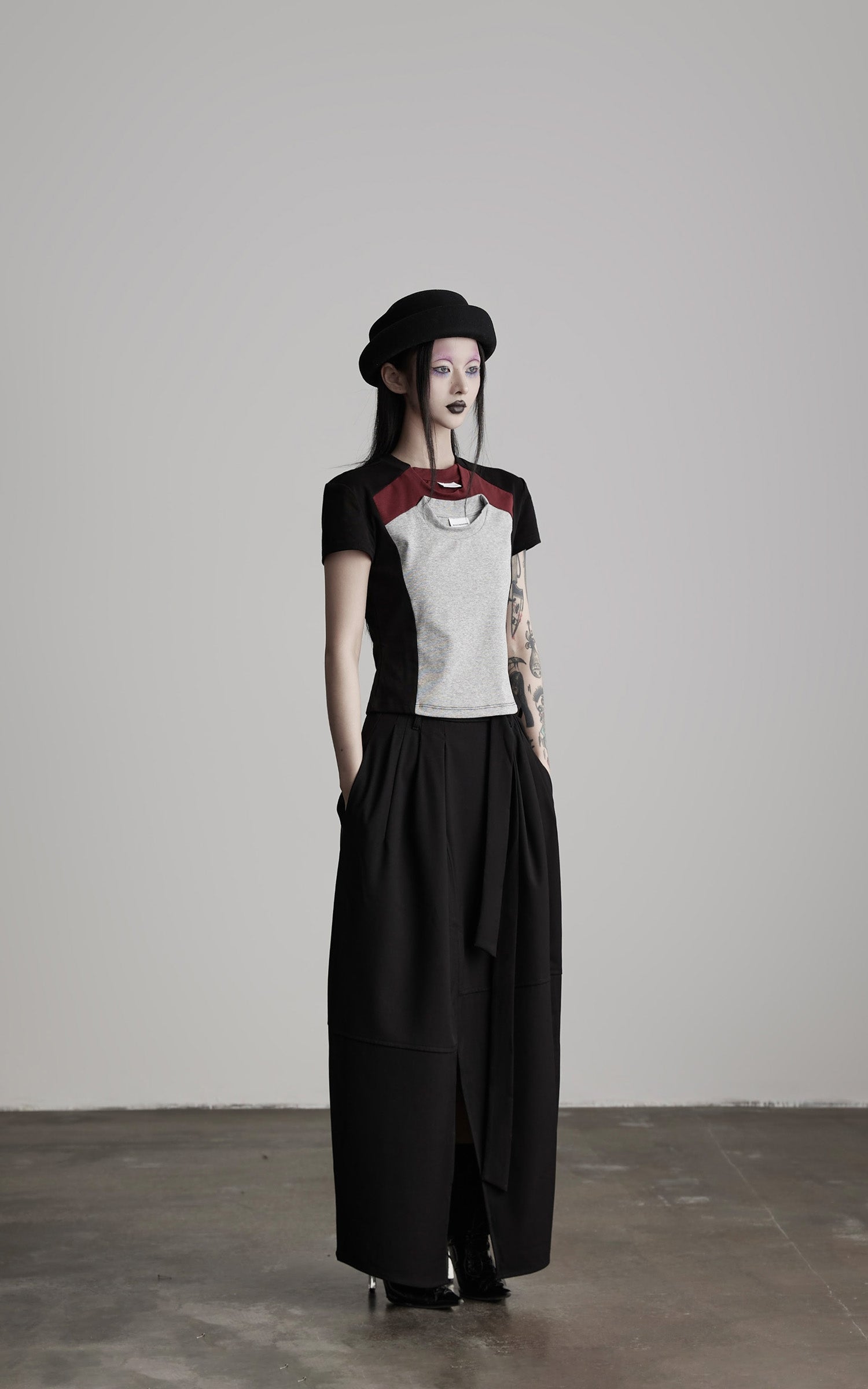 DOINDULGE Paneled Cutout T-Shirt with Layered Collar