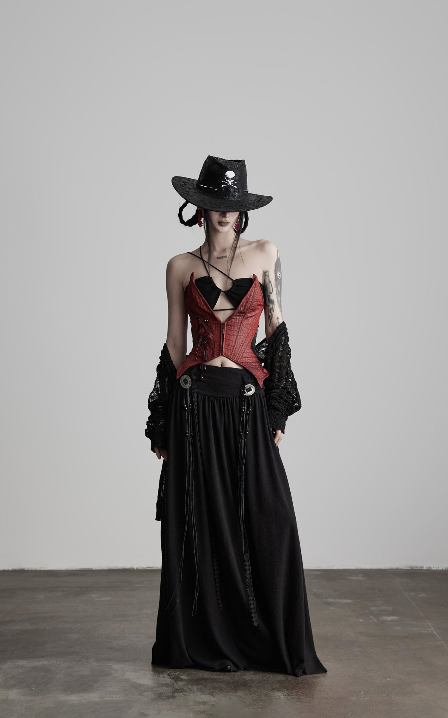 DOINDULGE Draped Maxi Skirt with Embroidered Tassel Straps