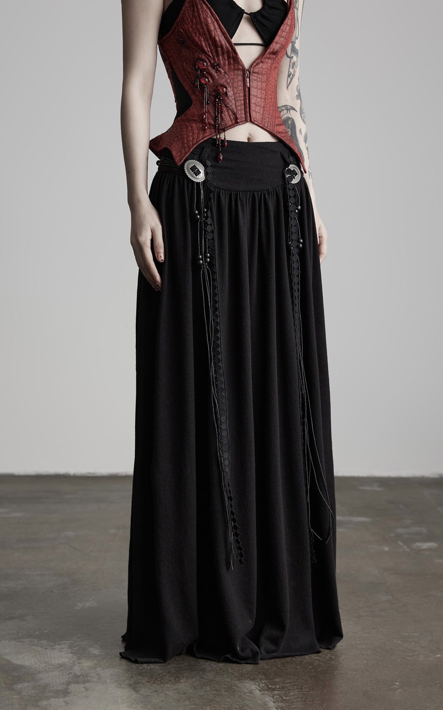 DOINDULGE Draped Maxi Skirt with Embroidered Tassel Straps