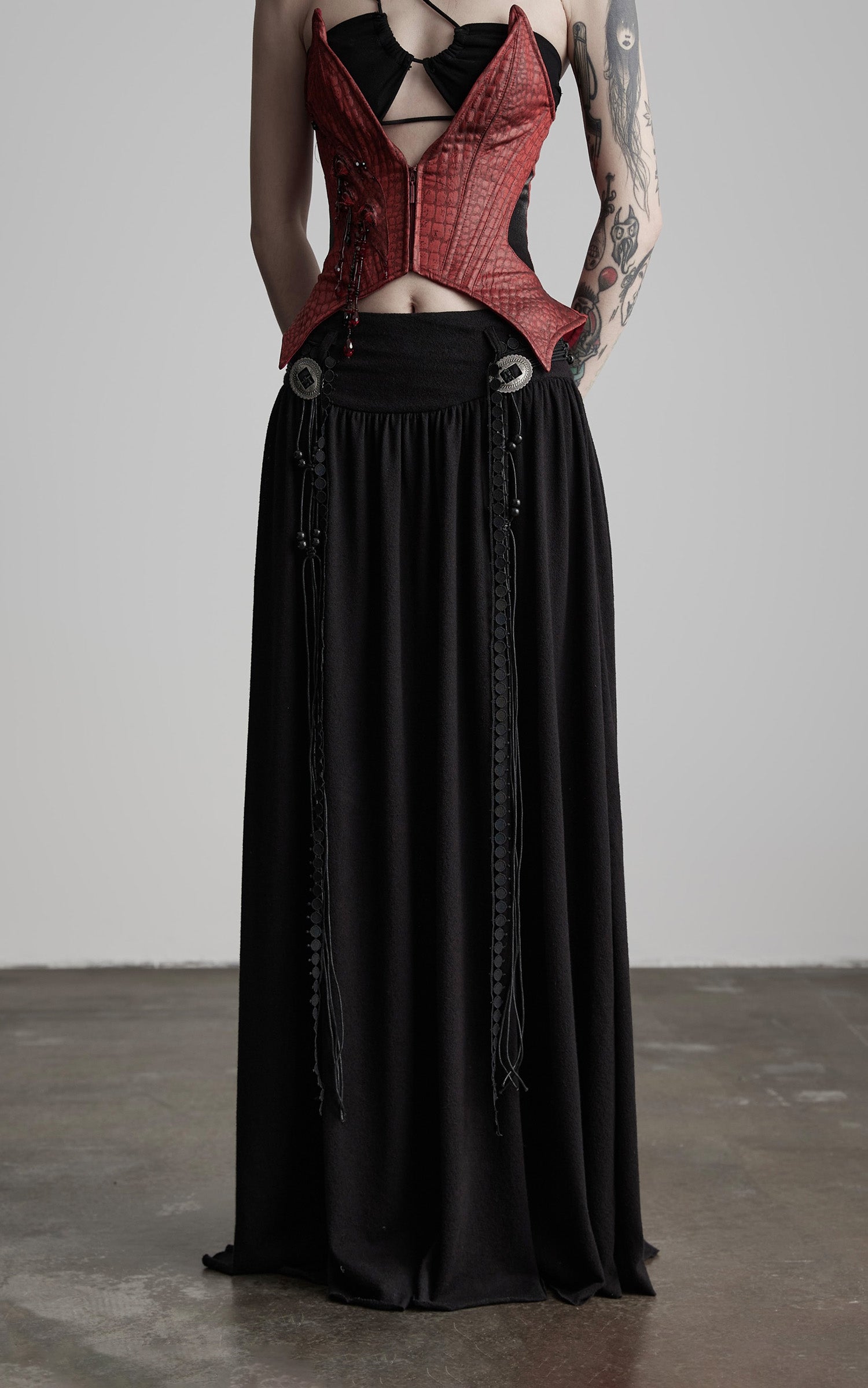 DOINDULGE Draped Maxi Skirt with Embroidered Tassel Straps