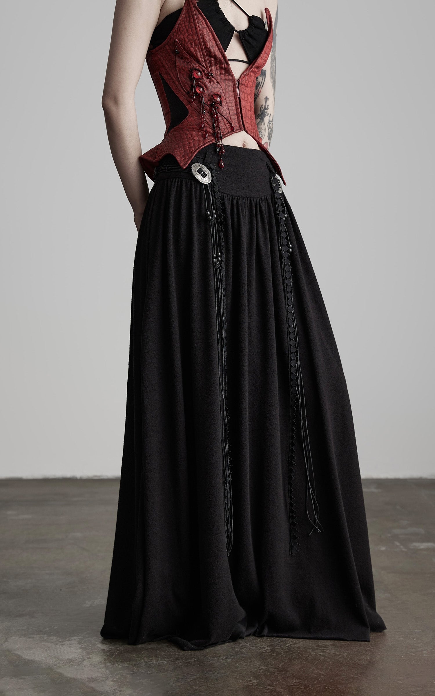 DOINDULGE Draped Maxi Skirt with Embroidered Tassel Straps