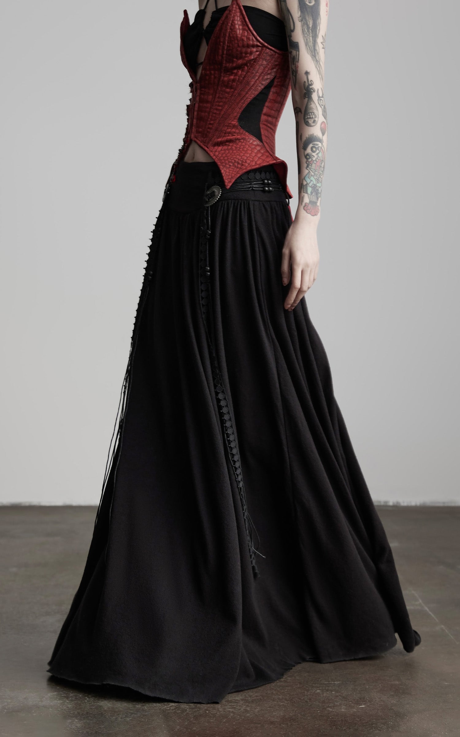 DOINDULGE Draped Maxi Skirt with Embroidered Tassel Straps