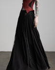 DOINDULGE Draped Maxi Skirt with Embroidered Tassel Straps