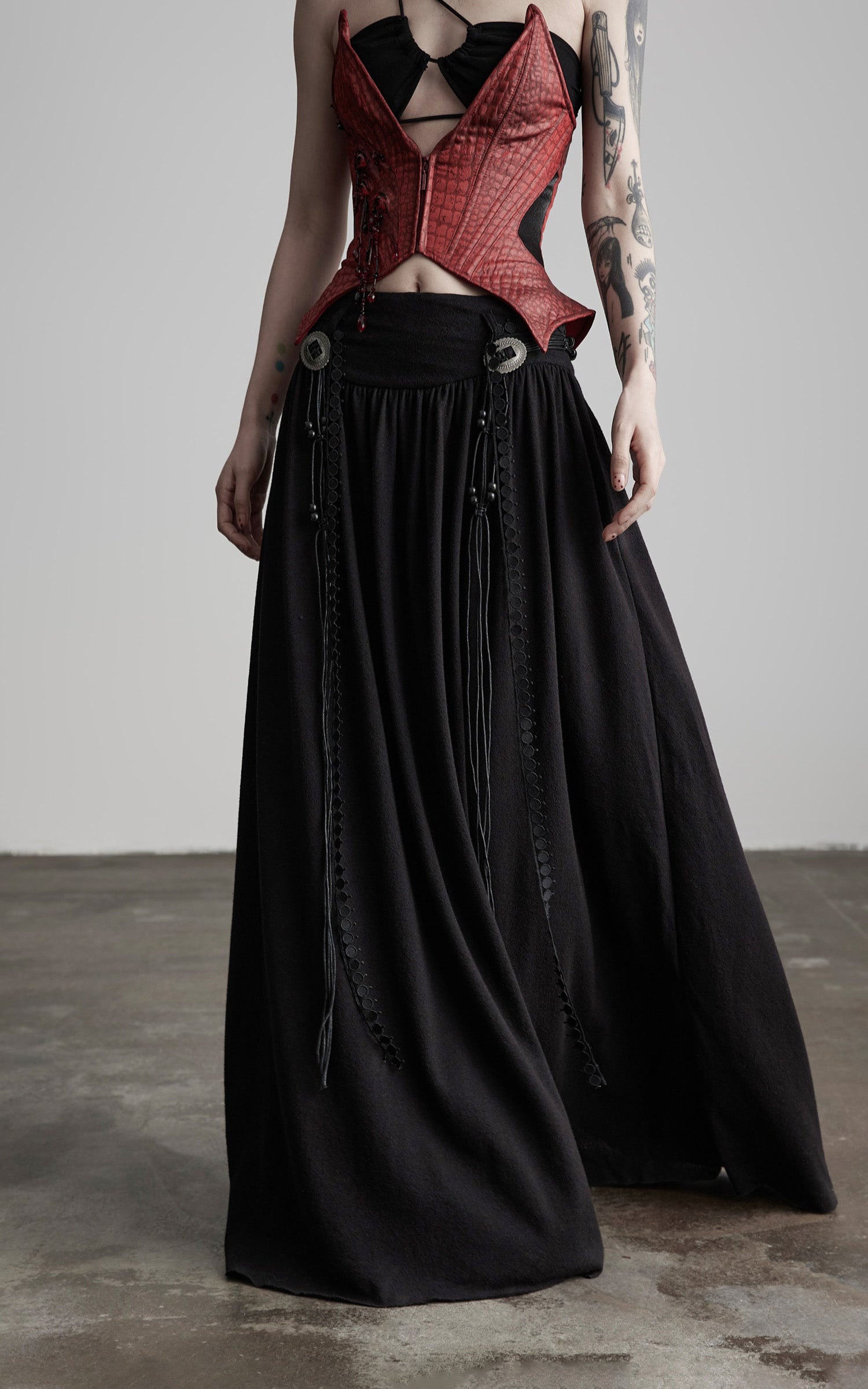 DOINDULGE Draped Maxi Skirt with Embroidered Tassel Straps