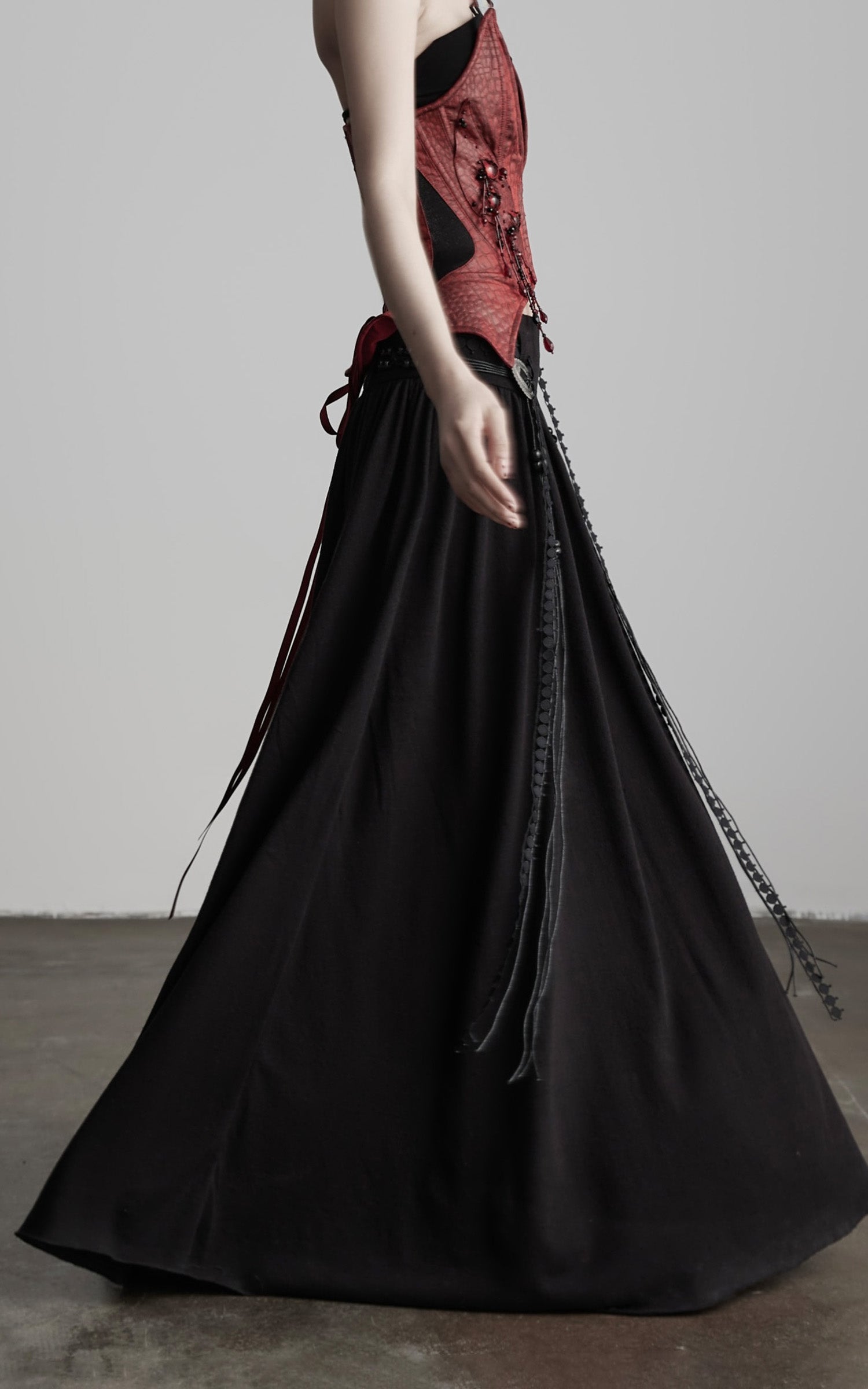 DOINDULGE Draped Maxi Skirt with Embroidered Tassel Straps