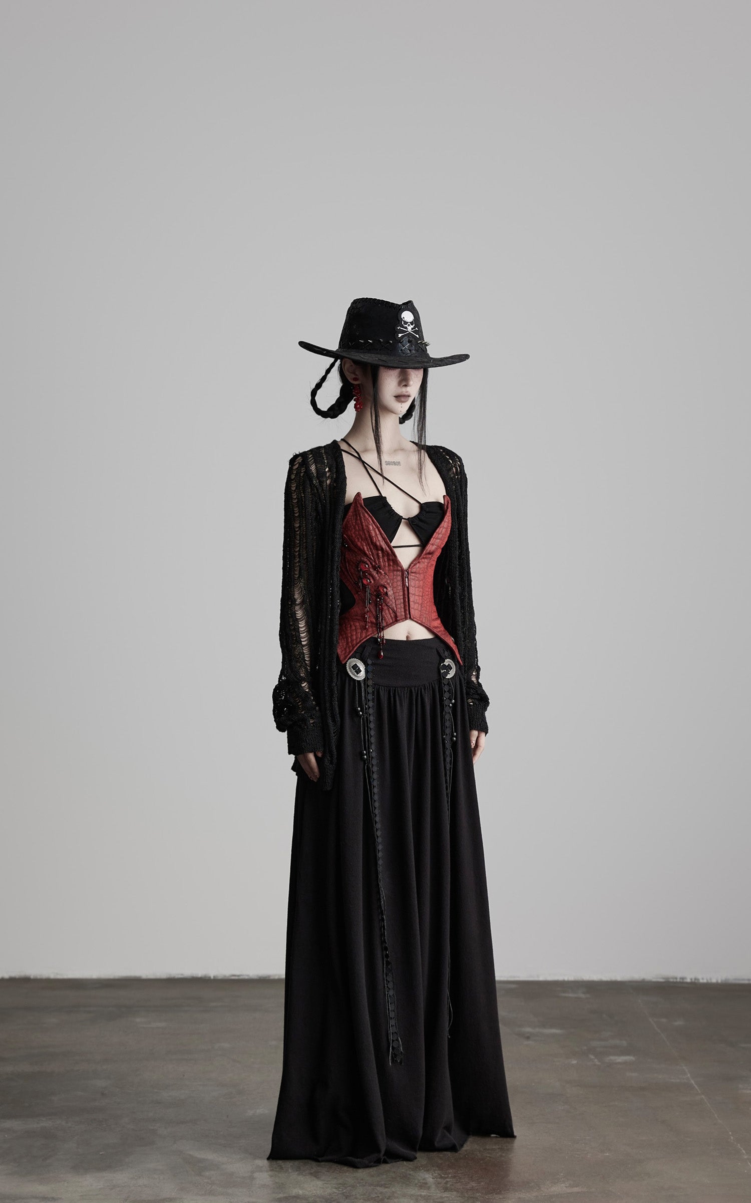 DOINDULGE Draped Maxi Skirt with Embroidered Tassel Straps