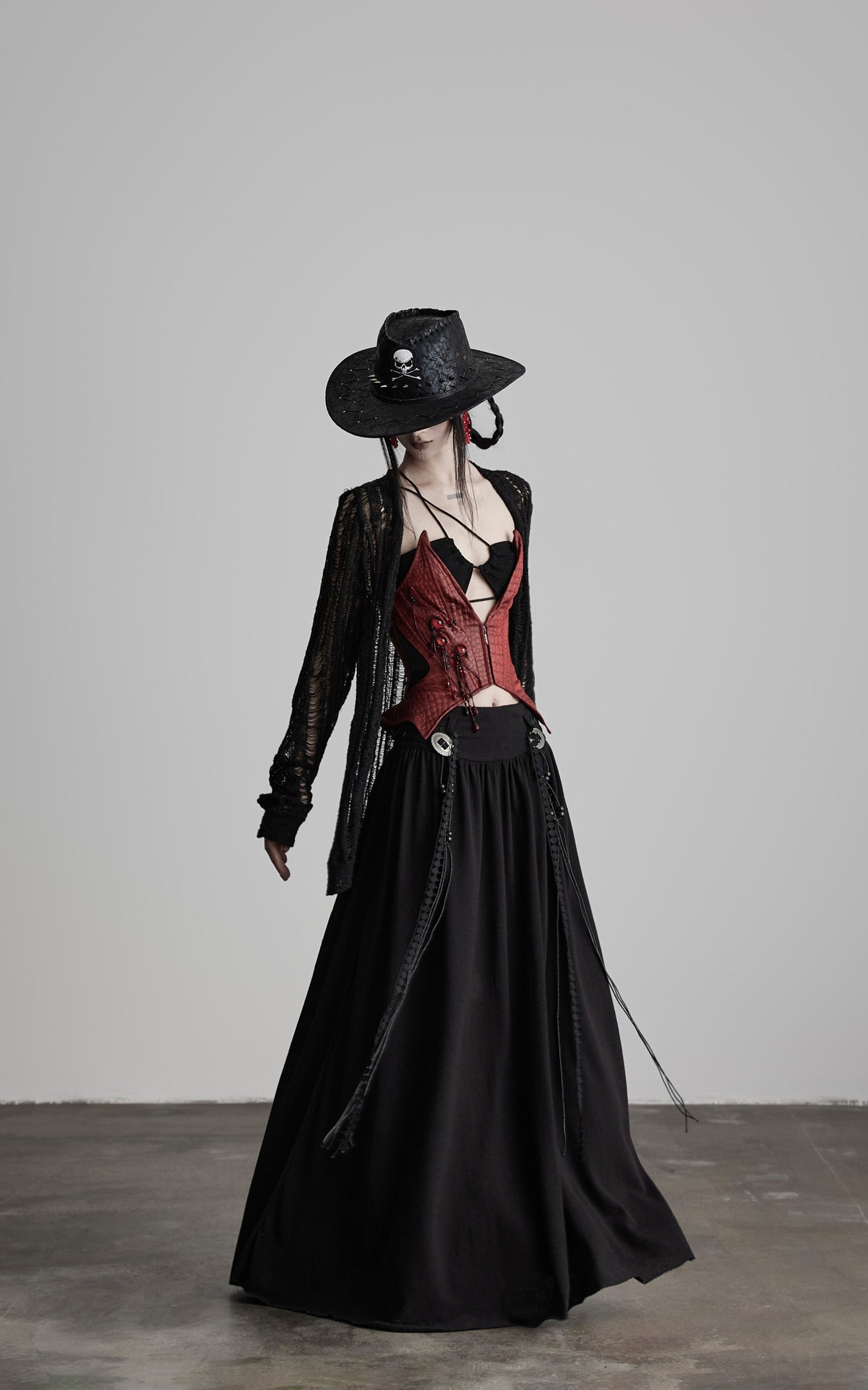 DOINDULGE Draped Maxi Skirt with Embroidered Tassel Straps