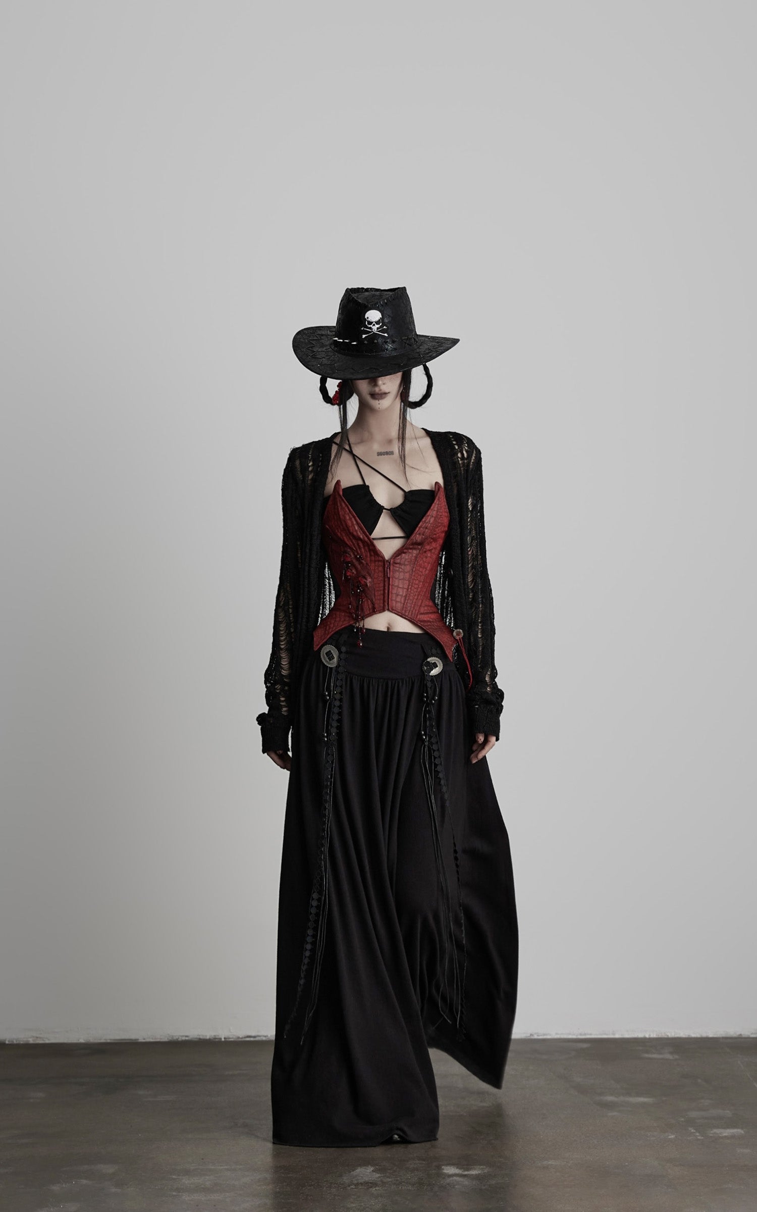 DOINDULGE Draped Maxi Skirt with Embroidered Tassel Straps