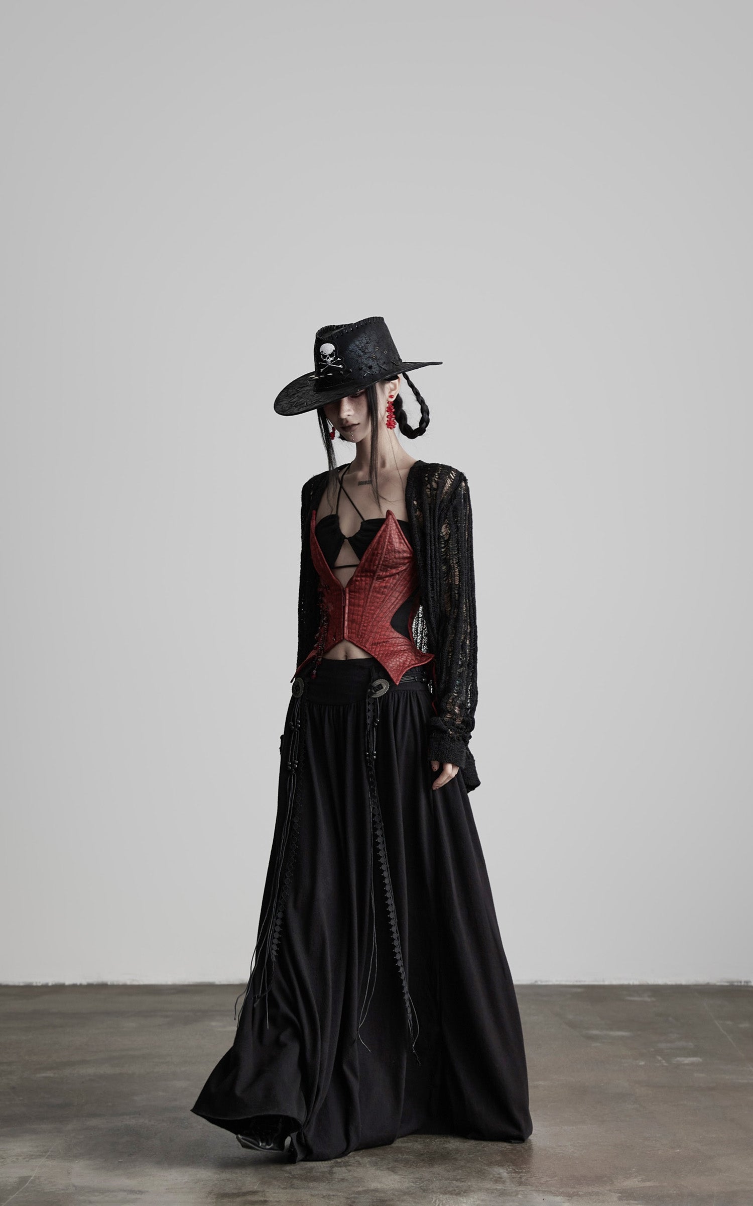 DOINDULGE Draped Maxi Skirt with Embroidered Tassel Straps